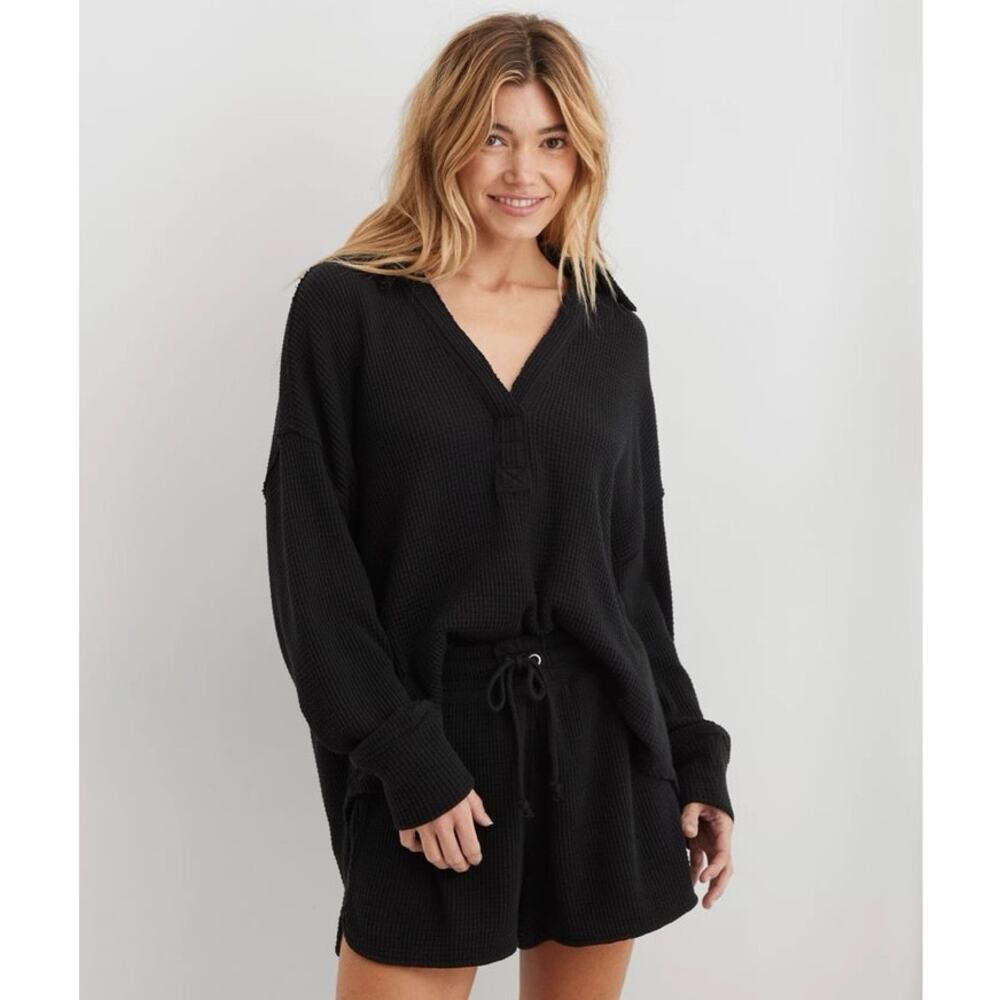 Aerie Lumberlane Black Waffle Knit High Waisted Drawstring Shorts S